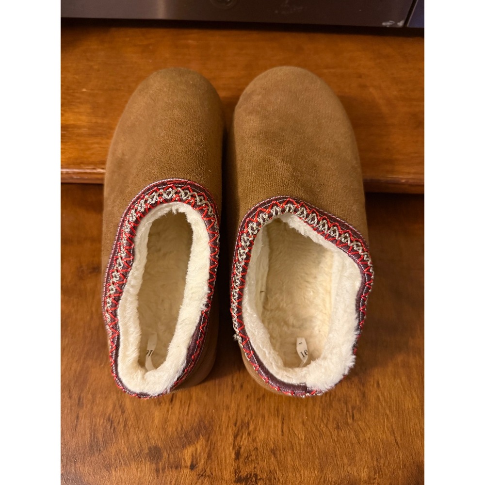 Chestnut Brown Faux Fur Lined Slippers Embroidered Trim Slip On Shoes Size 40